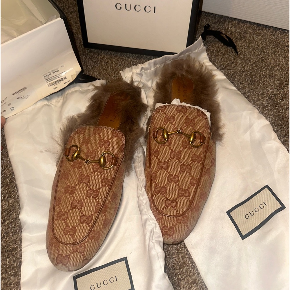 Gucci Princetown Beige Canvas Original GG Fur Loafer Slide Mule Slipper Sz 41